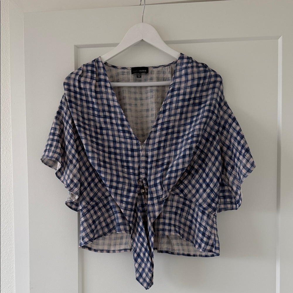 Lucy Paris Navy and White Checkered Tie-Front Blouse